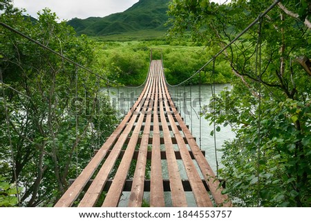 Suspension bridge. Crossing the river. Ferriage in the woods. Royalty-Free Stock Photo #1844553757