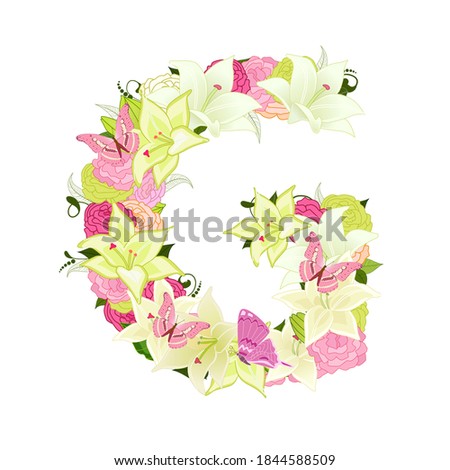 Graceful floral abc with white lilies, pink roses and butterflies. blossom letter G
