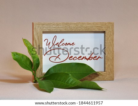 wooden frame with the message 'welcome december' with decorative green leaves on the table