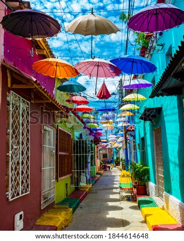 Umbrella Streets - Cartagena - Colombia Royalty-Free Stock Photo #1844614648