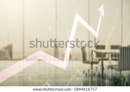 Multi exposure of virtual abstract financial chart and upward arrow interface on a modern meeting room background, rise and breakthrough concept