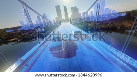 Establishing shot of amazing suspension bridge construction with holographic projection of future city
