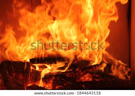 Fire in the fireplace. The power of fire. Fiery flame. Close-up