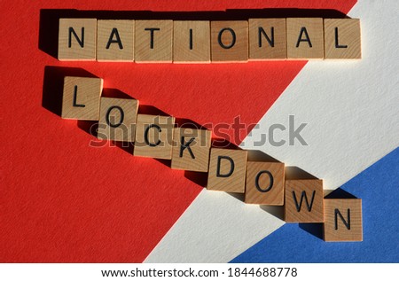 National Lockdown, words in wooden alphabet letters on red, white and blue background