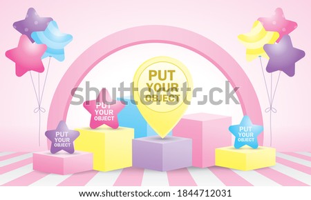 Cute display podium with balloon 3D illustration vector in girly style for putting your object.