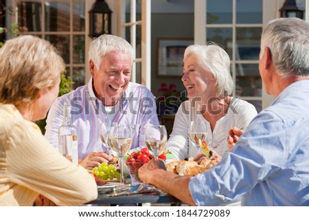 Medium shot of a group of elderly people having lunch and drinking wine at the patio table.