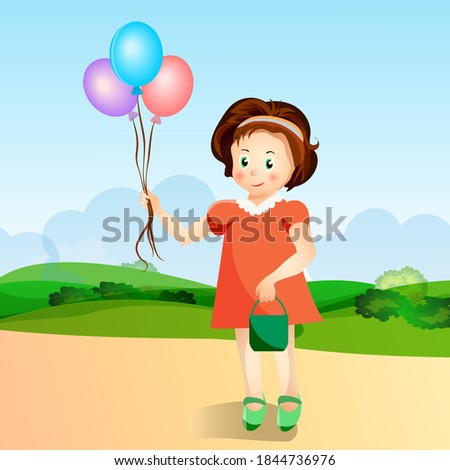 Little girl with balloons in the park. Bright colors, green trees.