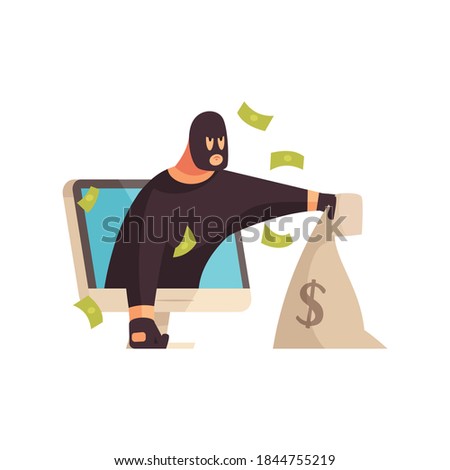 Hacker composition with character of robber with banknotes and money sack leaning out of computer screen vector illustration