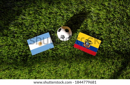 Argentina and Ecuador flag on the field with a football