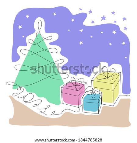 Happy New Year minimal design with coloure. Continuous line drawing New Years simple design with Christmas tree and Gifts.