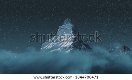 over clouds to the majestic Matterhorn mountain at night with shooting star Royalty-Free Stock Photo #1844788471