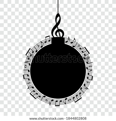 Music notes, musical Christmas tree toy, black silhouette, vector illustration.