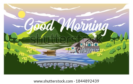 Landscape Nature Vector "Letter Good Morning" village,rural,background,Mountain,Wonderful place,Country