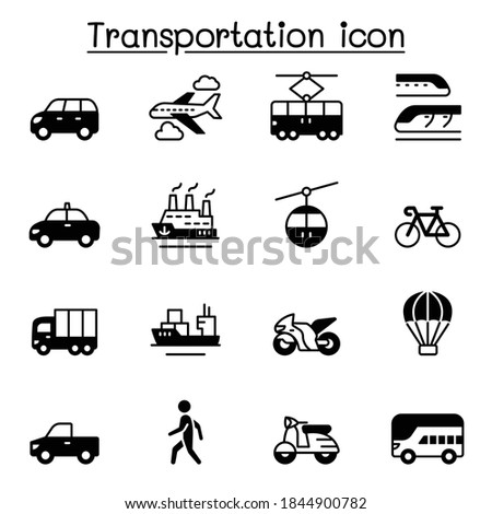 Set of Transportation related vector icons. contains such Icons as airplane, bus, truck, lorry, scooter, motorcycle, walking, bicycle, taxi, train, cruise and more.
