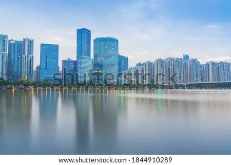 The scenery of the Pearl River and the skyline of modern urban buildings on both sides of Guangzhou City, Guangdong Province, China