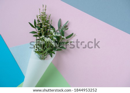 top view closeup of beautiful bouquet of delicate small white flowers with green leaves in paus tracing paper cone on colored geometric abstract background copyspace available Royalty-Free Stock Photo #1844953252