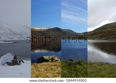 A composite landscape image of Loch Callater in the Scottish Highlands.  4 panels depict the same scene in each of the seasons.  From left to right there is Winter, Spring, Summer and finally Autumn. Royalty-Free Stock Photo #1844959003
