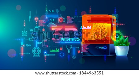 3d printing and additive technology banner. 3d printer on workplace of engineer maker with abstract tech schema of additive technologies. Education of  three-dimensional printing, engineer development Royalty-Free Stock Photo #1844963551