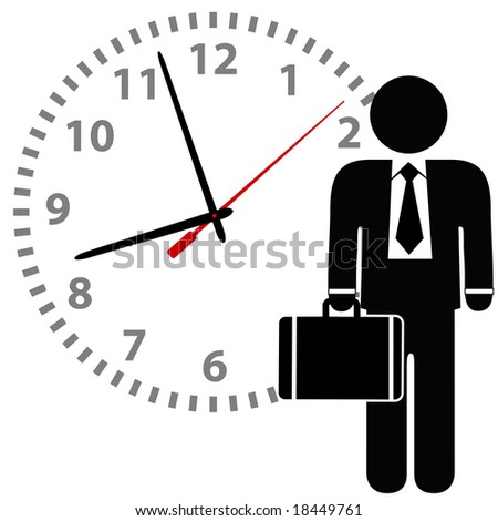 A business man symbol with briefcase stands in front of a time clock.