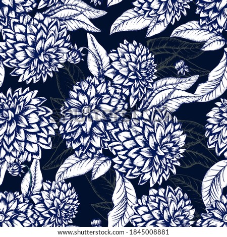 Seamless vector pattern with dahlia flowers. In blue colors. The pattern for ceramic tile, wallpapers, wrapping gifts, textile print. Vector illustration.