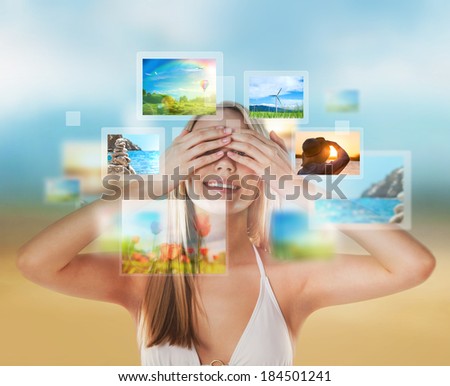 Portrait of young happy woman with travel vacation memories or expectations around her