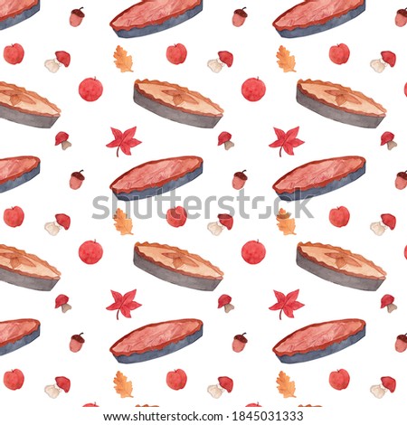 Autumn watercolor seamless pattern. Pies, mushrooms and apples illustration. Food and nature wallpaper for fall season. Scrapbook hand drawn clipart. 