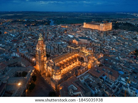 Primate Cathedral of Saint Mary of Toledo aerial view at night in Spain Royalty-Free Stock Photo #1845035938