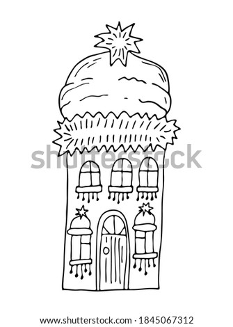 Christmas house in Santa hat outline vector illustration. Hand drawing line art for winter and holidays cards. Black and white artwork.