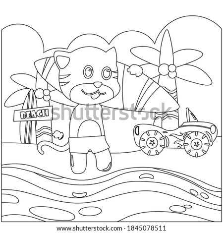 Creative vector childish Illustration of cute kitten surfing Hawaii, artwork for children wear with cartoon style. Childish design for kids activity colouring book or page.