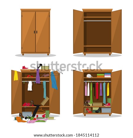 Close and open wardrobe set, before untidy and after tidy wardrobe with mess clothes. Closet with clothes, dresses, shirts, boxes and shoes. Natural wooden Furniture set. Vector illustration Royalty-Free Stock Photo #1845114112