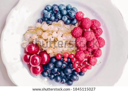 Fresh ripe washed berries. Black currant, white currant, raspberry and blueberry. In a white plate on a white background. Summer healthy food. Close up, selective focus.