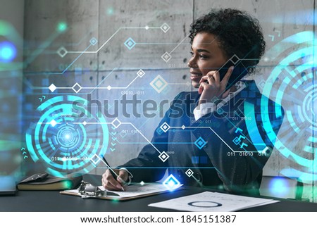Businesswoman talking phone and binary technology hologram. Double exposure. Security network concept.