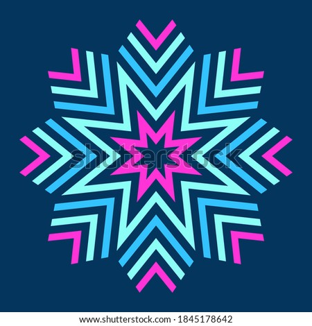 Abstract colorful symmetric symbol isolated on dark background. Stylized flower with striped petals. Logo. Design element. Star, snowflake. Geometric fashion pattern. Vector illustration.
