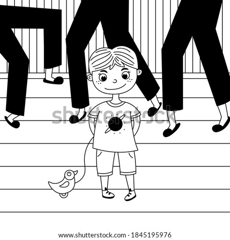 Shy child among adults. Lonely childhood. Black and white vector illustration