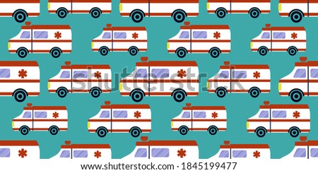 Seamless vector pattern of ambulance car isolated on grey background. illustration of medical van. Ambulance auto paramedic emergency. illustration for pharmaceutical industry. Vector EPS10.
