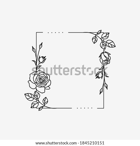 One line drawing. Frame of garden rose with stem and leaves. Hand drawn sketch. Vector illustration.
