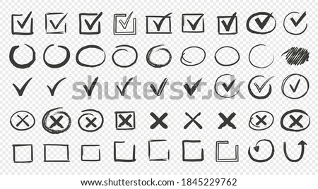 Hand drawn check signs. Doodle checkmarks and crosses. Empty and filled boxes for answers in test, confirmation or negation icons. Checklist pencil marks template, vector voting isolated flat set Royalty-Free Stock Photo #1845229762