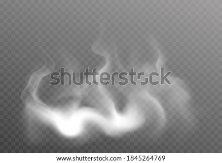 Transparent special effect of hot steam or smoke. Vector gas, fog isolated on dark background. Realistic wavy vector illustration elements. Royalty-Free Stock Photo #1845264769