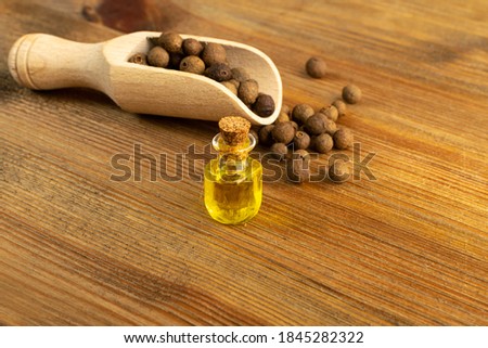 Allspice pepper seeds essential oil in small vintage bottle. Jamaica peppercorns and organic essential oil in medicine jar. Myrtle pepper essence, tincture, extract or infusion mockup Royalty-Free Stock Photo #1845282322