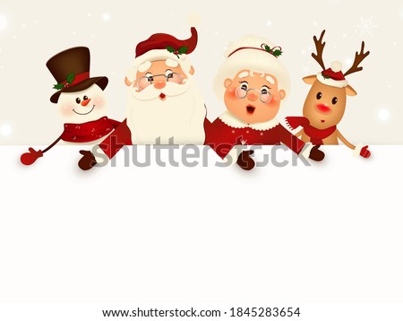 Christmas Cartoon character companions with big blank signboard, white copy space. Wide empty space for design. Santa Claus, Mrs Claus, Reindeer, Snowman with big blank signboard. vector illustration.