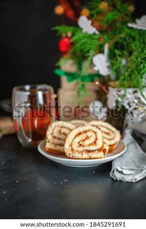 christmas sweet pastry roll biscuit home baked cake dessert festive table holidays party new year gift tasty serving size top view copy space food background rustic