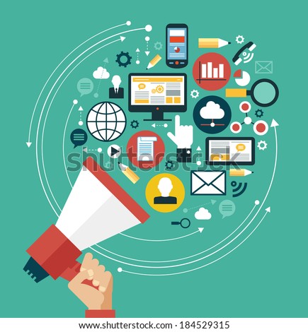 Digital marketing concept. Human hand with a megaphone surrounded by media icons