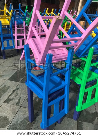 Colorful painted wooden chairs overlaid composition made of abstract pastel wonderful contrast hues display perfectly varied background buying.