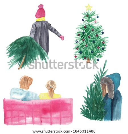 Watercolor people illustrations isolated on white Girl with christmas tree, girl holding tree, girl walking with tree Watercolor clipart 
