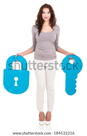 full length portrait of woman holding paper lock and key