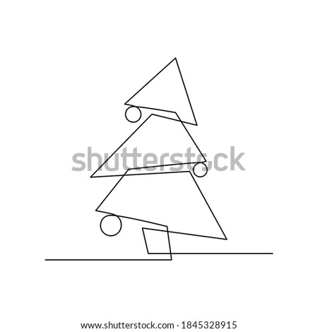 Continuous line drawing. Christmas tree with decorations. Coniferous tree with festive balls. Fir-tree of simple geometric shape. Black isolated on white background. Hand drawn vector illustration.