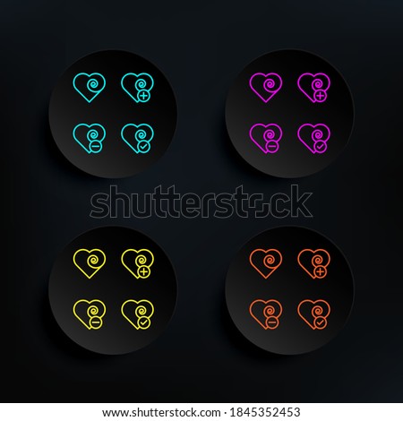 Heart, plus, check, minus sign dark badge color set icon. Simple thin line, outline vector of web icons for ui and ux, website or mobile application