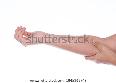 Woman hand holding her elbow isolated white background. Medical, healthcare for advertising concept.