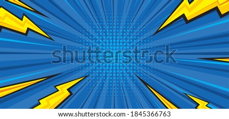 Pop art comic background with thunder flash. Cartoon Vector Illustration on blue