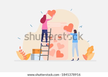 Volunteering Vector Illustration. Showing Donation jar collecting heart symbols with a giving hand.. Suitable for landing page, UI, web, App intro card, editorial, flyer
